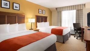 Down comforters, desk, blackout drapes, iron/ironing board