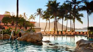 2 outdoor pools, open 8:00 AM to 8:00 PM, cabanas (surcharge)