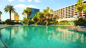 Seasonal outdoor pool, sun loungers