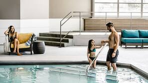 Indoor pool, seasonal outdoor pool, pool umbrellas, pool loungers