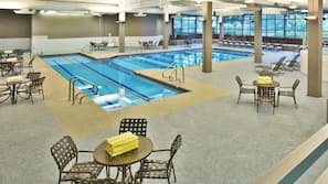 Indoor pool, seasonal outdoor pool, pool umbrellas, pool loungers