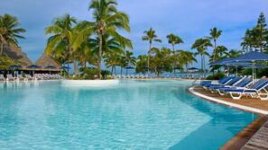 Outdoor pool, pool umbrellas, pool loungers
