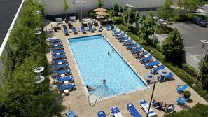 Indoor pool, seasonal outdoor pool, pool umbrellas, pool loungers