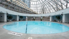 Indoor pool, seasonal outdoor pool, pool umbrellas, pool loungers