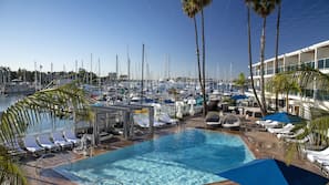 Outdoor pool, pool umbrellas, sun loungers