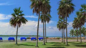 On the beach, black sand, sun-loungers, beach towels
