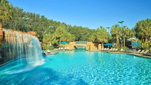 Outdoor pool, open 9:00 AM to midnight, pool umbrellas, sun loungers