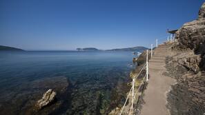 On the beach, sun-loungers, beach towels, scuba diving