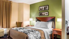 Pillowtop beds, desk, blackout drapes, iron/ironing board