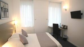 Desk, blackout curtains, soundproofing, iron/ironing board