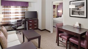 Premium bedding, desk, blackout drapes, iron/ironing board