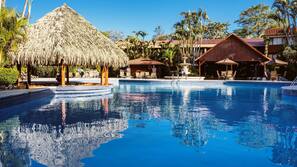 Outdoor pool, pool umbrellas, sun loungers