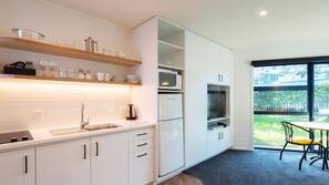 Mini-fridge, microwave, coffee/tea maker, toaster