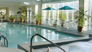 Indoor pool, open 6:00 AM to 11:00 PM, pool loungers