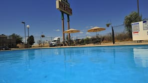 Seasonal outdoor pool, open 10 AM to 10 PM, pool umbrellas, sun loungers