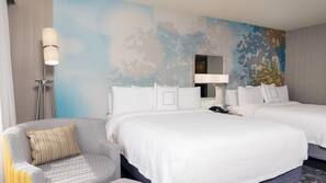Hypo-allergenic bedding, desk, laptop workspace, blackout drapes