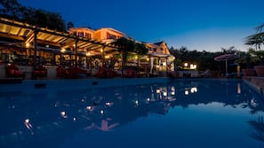 Indoor pool, outdoor pool, pool umbrellas, sun loungers