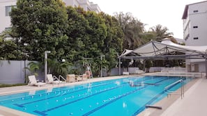 Indoor pool, outdoor pool, open 7:30 AM to 9 PM, pool loungers