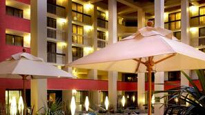 Indoor pool, open 9 AM to 9 PM, pool umbrellas, sun loungers