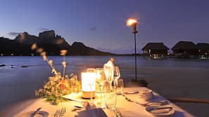 Private beach, white sand, sun loungers, beach umbrellas