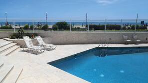 Seasonal outdoor pool, open 8:00 AM to 8:00 PM, pool umbrellas