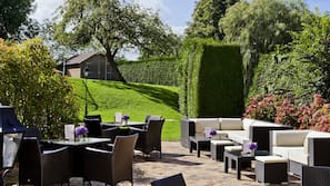 Outdoor pool, pool umbrellas, pool loungers