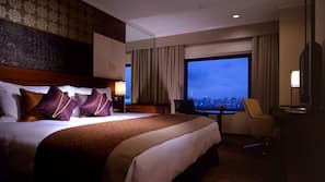 Down comforters, desk, blackout drapes, iron/ironing board