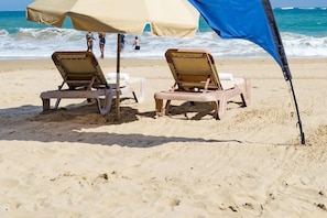 Beach nearby, sun loungers, beach umbrellas, beach towels