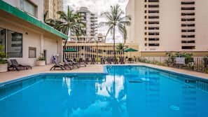 Outdoor pool, open 7:00 AM to 9:00 PM, sun loungers