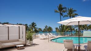 Outdoor pool, pool umbrellas, sun loungers