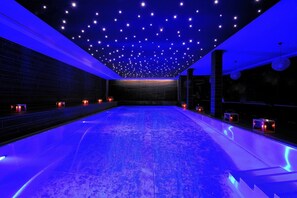Indoor pool, outdoor pool, pool umbrellas, sun loungers
