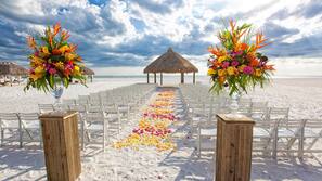 On the beach, beach cabanas, sun-loungers, beach umbrellas