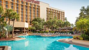 Indoor pool, outdoor pool, open 6:00 AM to 11:00 PM, pool umbrellas