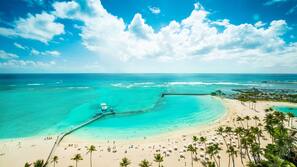 On the beach, sun-loungers, beach umbrellas, beach towels