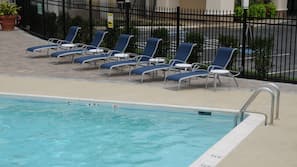 Seasonal outdoor pool, pool umbrellas, sun loungers
