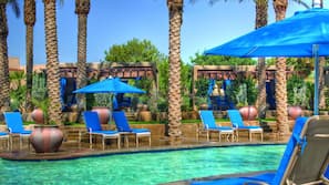 7 outdoor pools, pool umbrellas, pool loungers