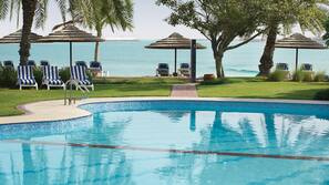 2 outdoor pools, open 8:00 AM to 8:00 PM, pool umbrellas, pool loungers