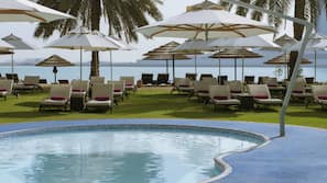 2 outdoor pools, open 8:00 AM to 8:00 PM, pool umbrellas, pool loungers