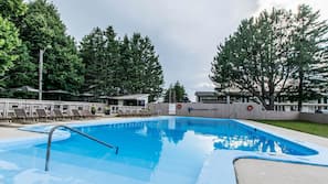 Seasonal outdoor pool, pool umbrellas, pool loungers