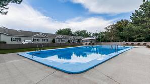 Seasonal outdoor pool, pool umbrellas, pool loungers