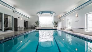 Seasonal outdoor pool, pool umbrellas, pool loungers