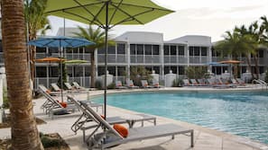 Outdoor pool, open 8:00 AM to 11:00 PM, pool umbrellas, sun loungers
