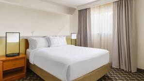 Premium bedding, desk, blackout drapes, iron/ironing board