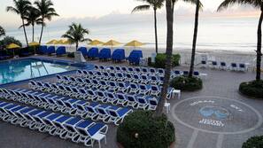 On the beach, beach cabanas, sun-loungers, beach umbrellas
