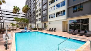 Outdoor pool, pool umbrellas, sun loungers