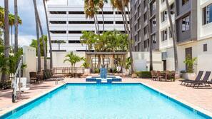 Outdoor pool, pool umbrellas, sun loungers