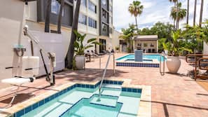 Outdoor pool, pool umbrellas, sun loungers