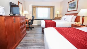 Premium bedding, desk, blackout drapes, soundproofing