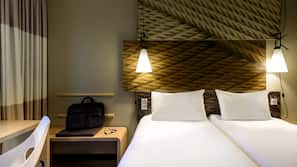 Desk, laptop workspace, blackout curtains, free WiFi