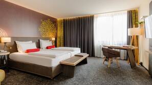 Hypo-allergenic bedding, free minibar, in-room safe, desk